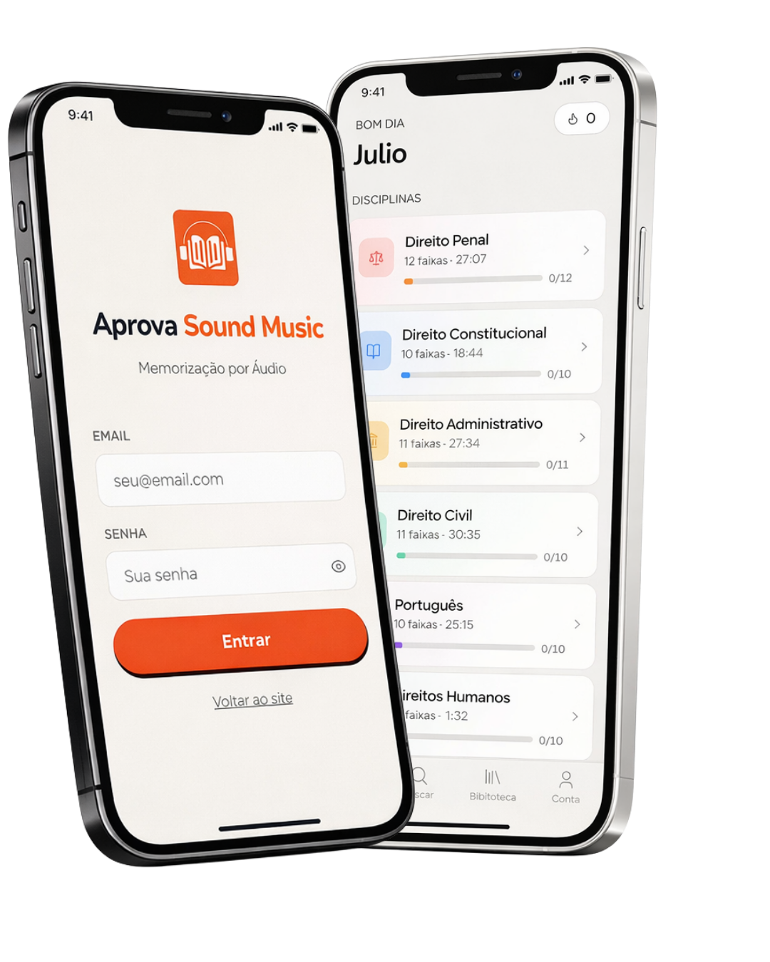 Telas do app Aprova Sound Music mostrando login e disciplinas